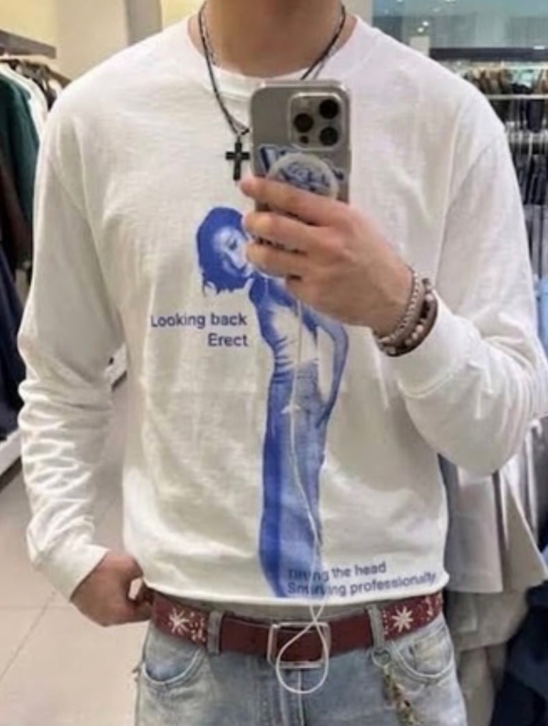 ブルーフォトグラフィックレタリングロングスリーブTシャツ ZA1938