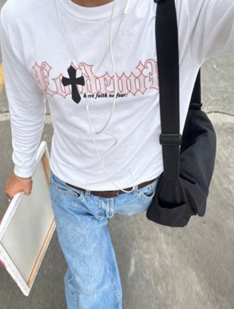 クロスオールドイングリッシュレタリングロングスリーブTシャツ ZA1944