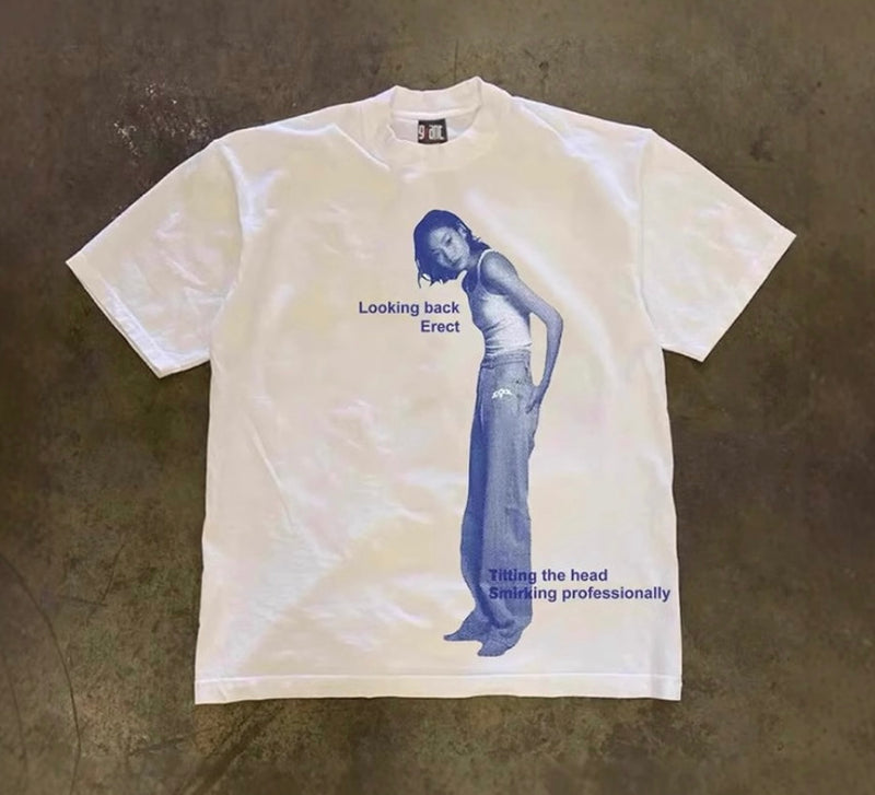 レトロブルーガールフォトTシャツ ZA1035