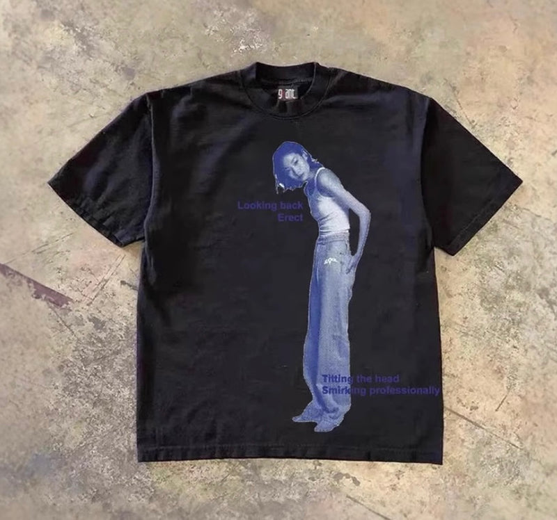 レトロブルーガールフォトTシャツ ZA1035