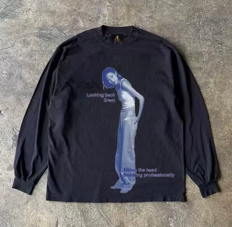ブルーフォトグラフィックレタリングロングスリーブTシャツ RY1938